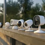 A selection of the best home camera system models on a wooden shelf.