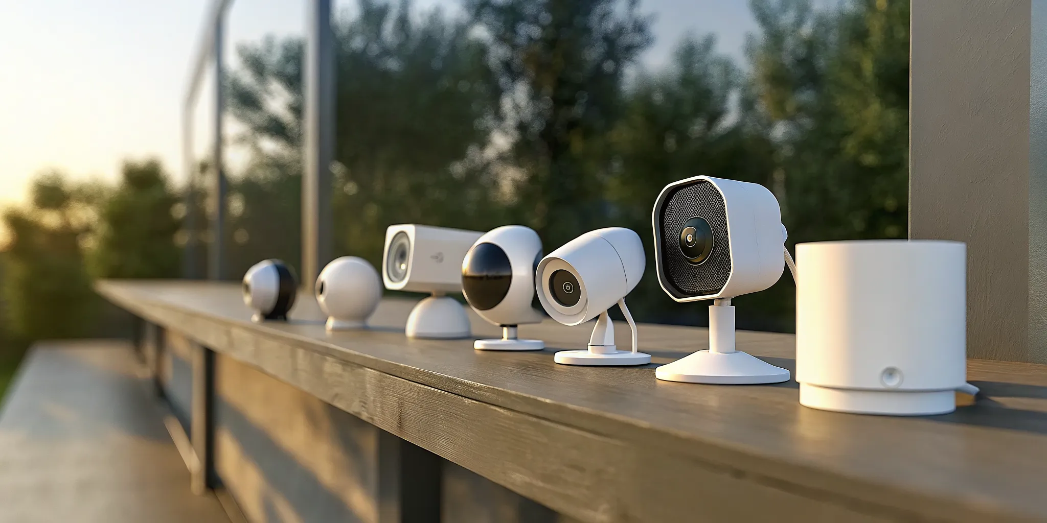 A selection of the best home camera system models on a wooden shelf.