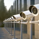 A row of the best outdoor security cameras without a subscription mounted on a building.