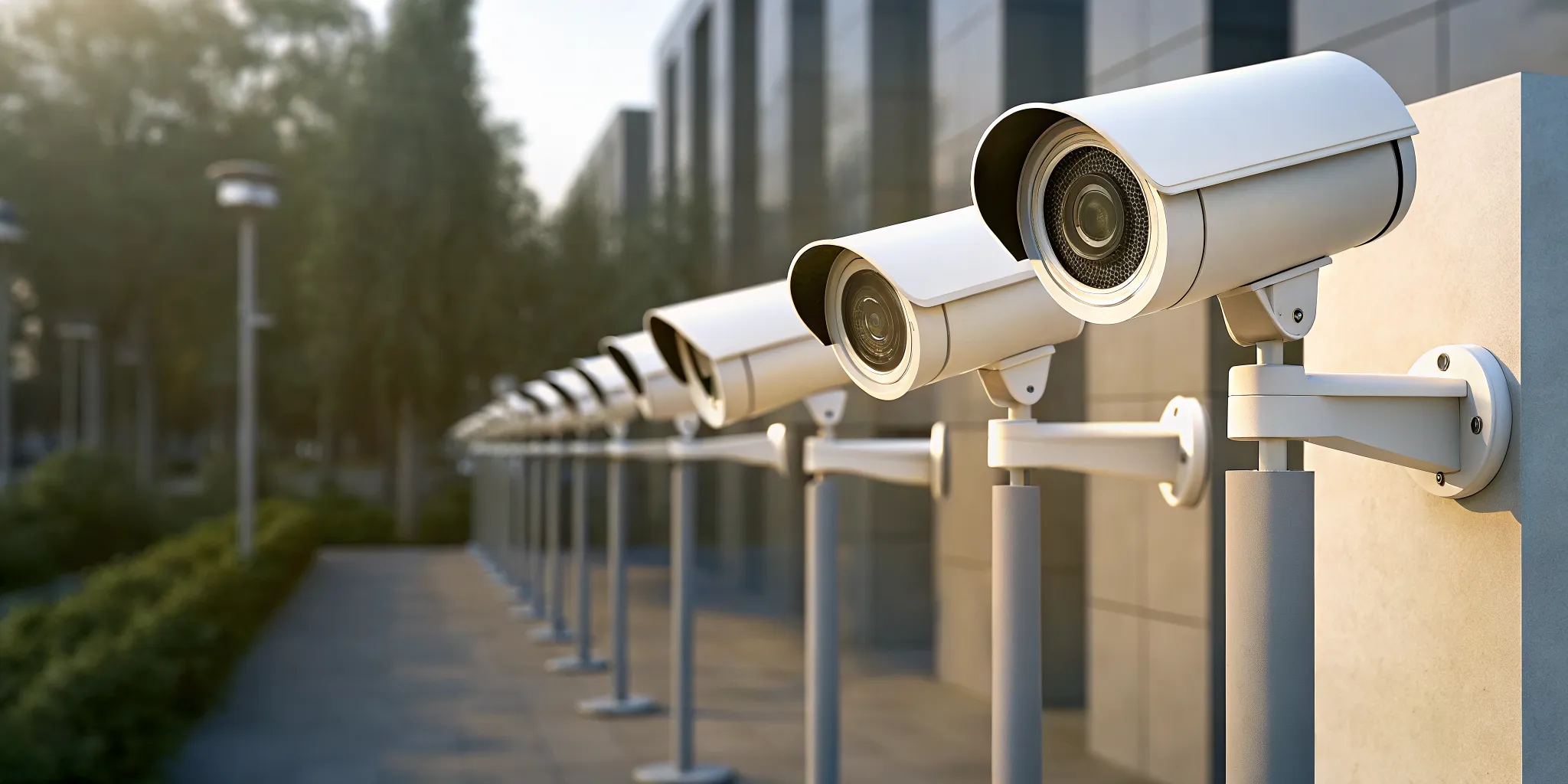A row of the best outdoor security cameras without a subscription mounted on a building.