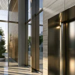 A resident using a smartphone for an apartment building access control system in a modern lobby.