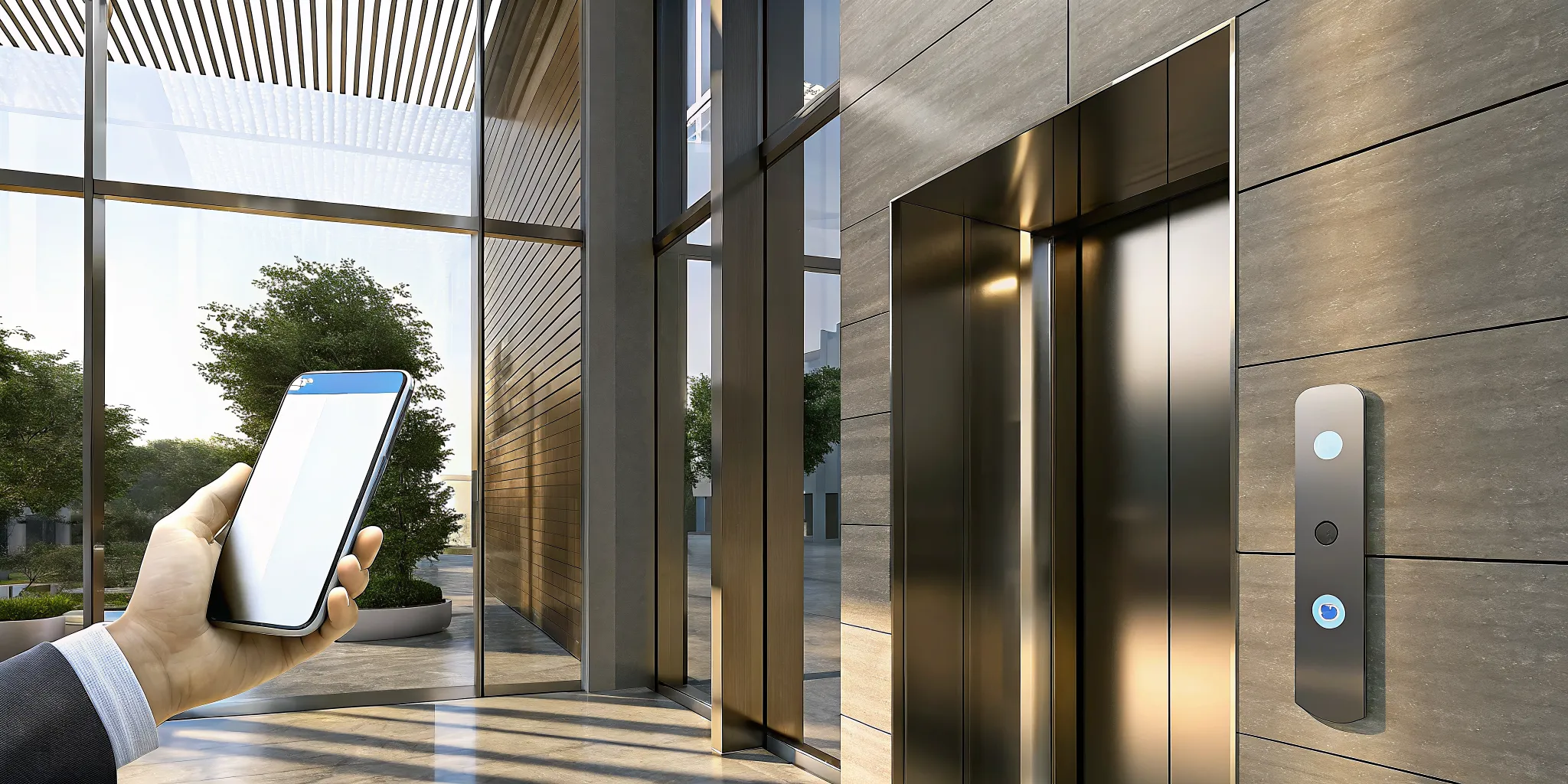 A resident using a smartphone for an apartment building access control system in a modern lobby.