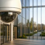 A business security system with high-definition cameras monitoring a modern office.