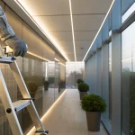 Professional installer on a ladder performing a video surveillance installation.