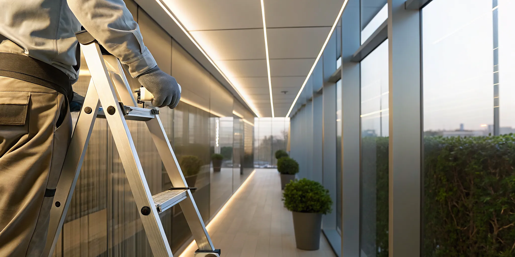 Professional installer on a ladder performing a video surveillance installation.