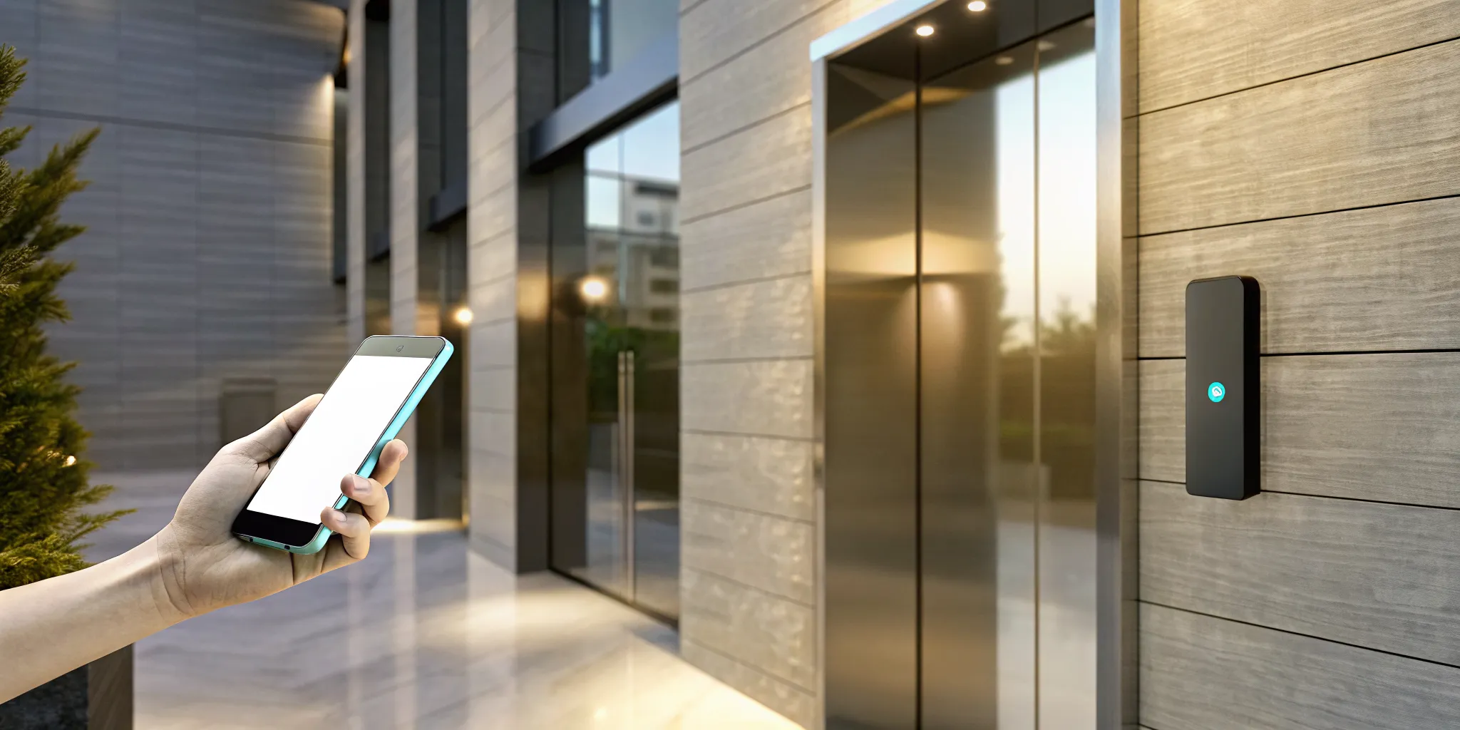 Person unlocking an apartment building with a smartphone access control system.