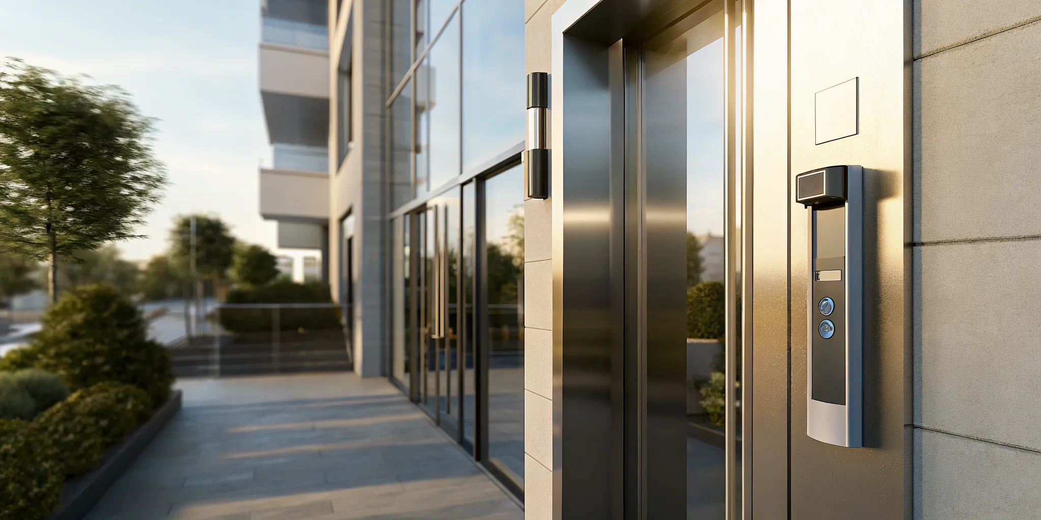 Modern apartment entrance with video intercom and keyless access reader