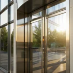 The best alarm system for business installed at a modern glass office entrance.