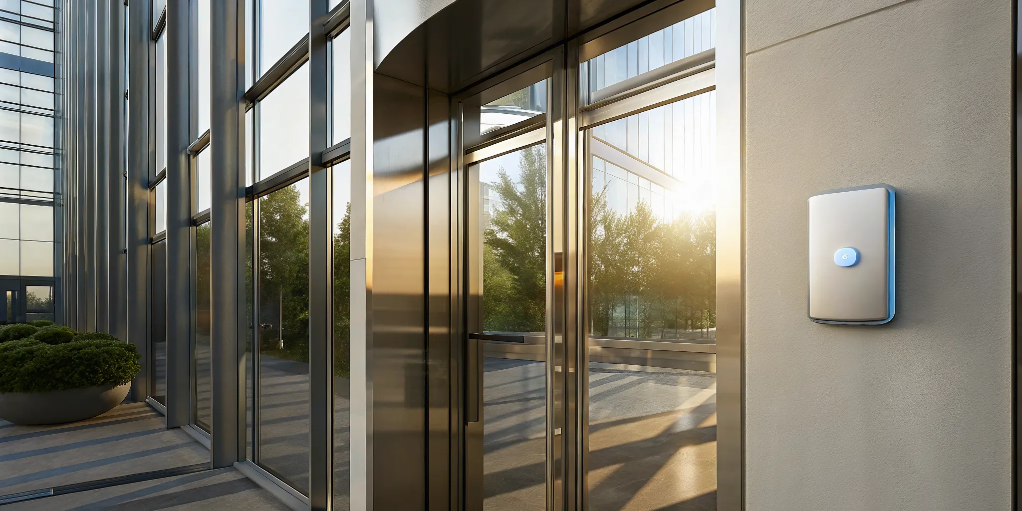 The best alarm system for business installed at a modern glass office entrance.