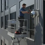 Technician installing a commercial security camera system on a Chicago warehouse
