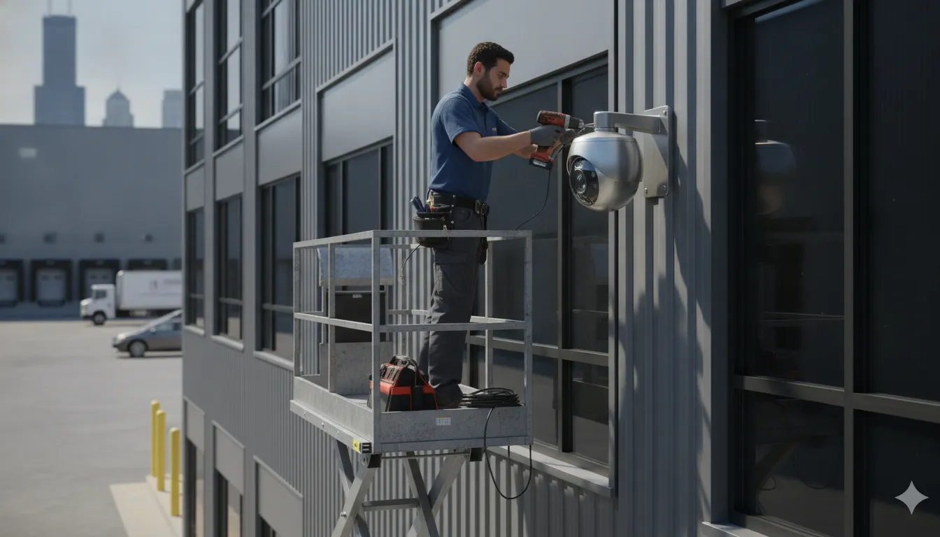 Technician installing a commercial security camera system on a Chicago warehouse