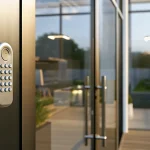 A modern office door with keypad access control, a key feature of the best security system for a small business.