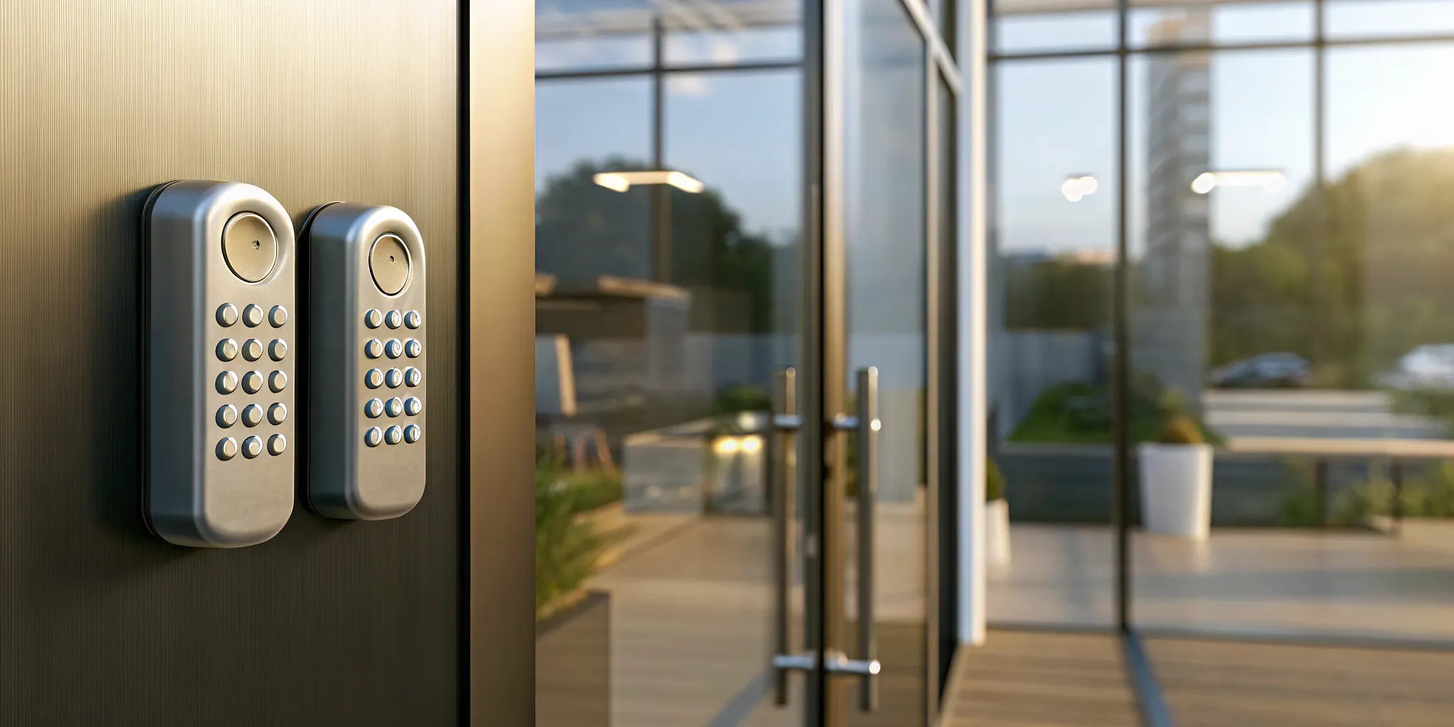 A modern office door with keypad access control, a key feature of the best security system for a small business.