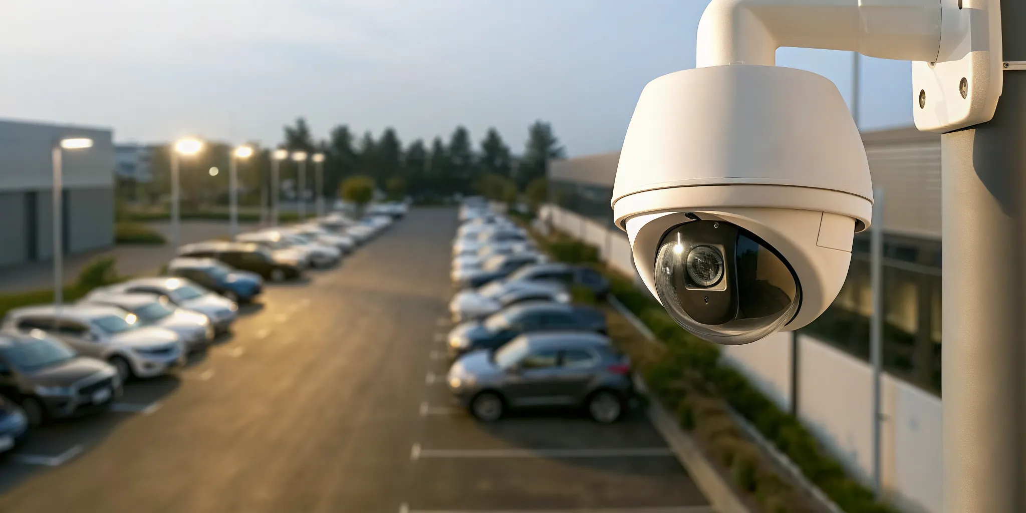 Security technician installing a dome camera on a pole overlooking a lit car dealership lot at dusk