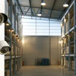 Industrial warehouse interior with security cameras mounted on ceiling beams monitoring loading docks and racking aisles