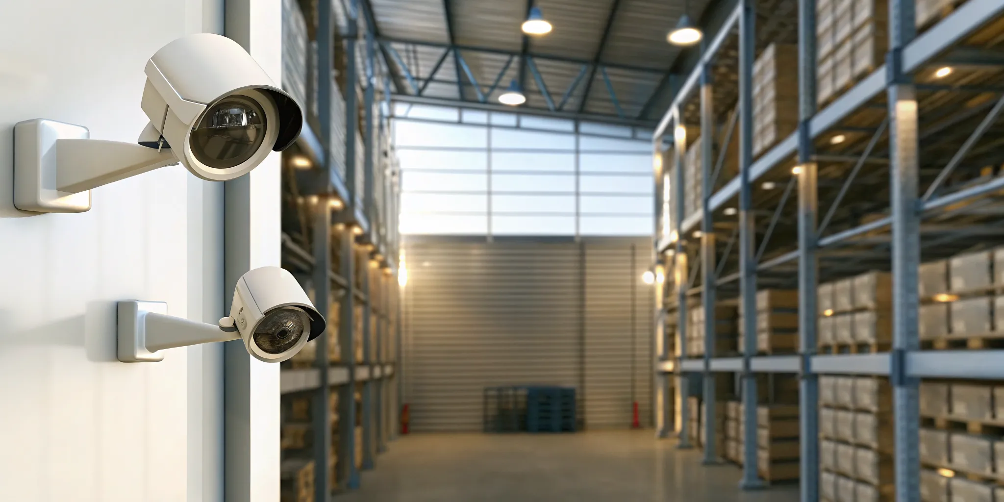 Industrial warehouse interior with security cameras mounted on ceiling beams monitoring loading docks and racking aisles