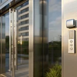 Modern apartment building entrance with keyless access control panel and smartphone entry
