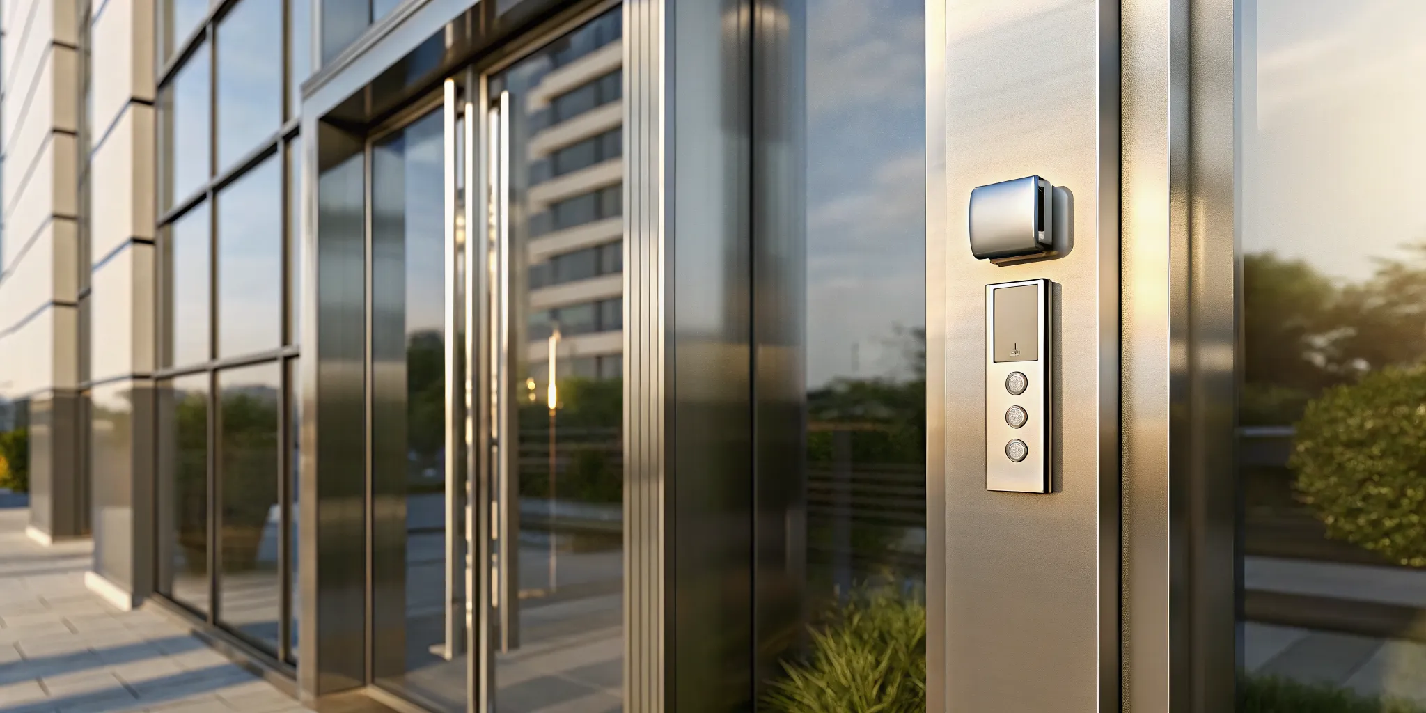 Modern apartment building entrance with keyless access control panel and smartphone entry