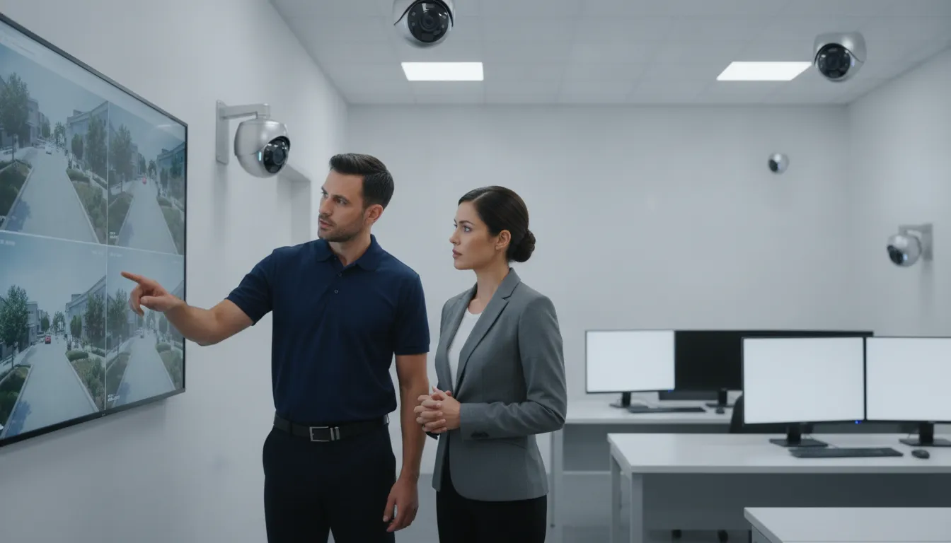 Security technician and business owner reviewing a cloud camera feed in a modern office