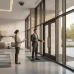 Modern IP video intercom at a commercial building entrance
