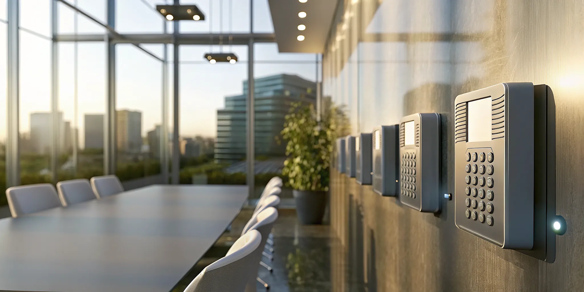 The best alarm system for a business, featuring modern keypads on an office wall.