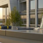 Construction equipment tracking devices on a worksite table with a tablet showing a GPS map.