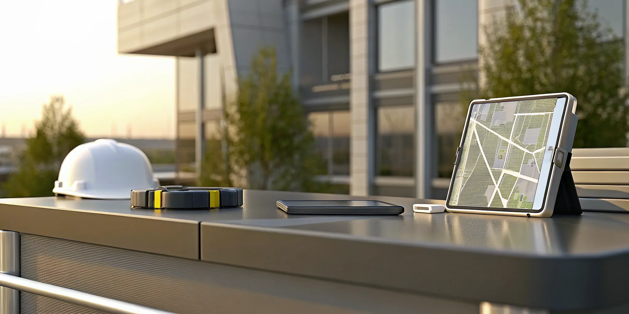 Construction equipment tracking devices on a worksite table with a tablet showing a GPS map.