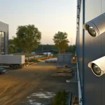 Security cameras monitoring an active construction site at dusk