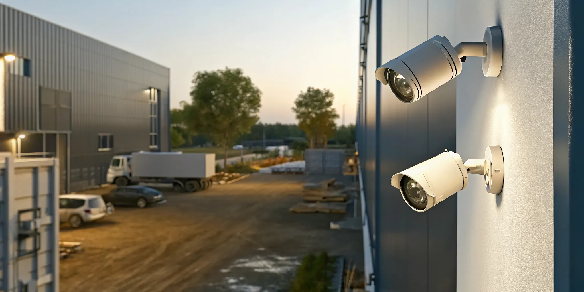 Security cameras monitoring an active construction site at dusk
