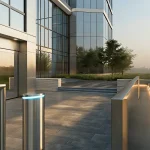A secure gate entry system controlling vehicle access at a modern commercial building.