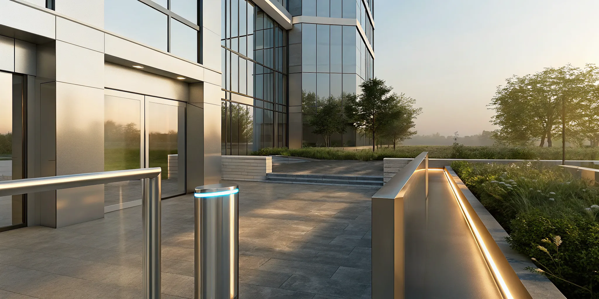 A secure gate entry system controlling vehicle access at a modern commercial building.