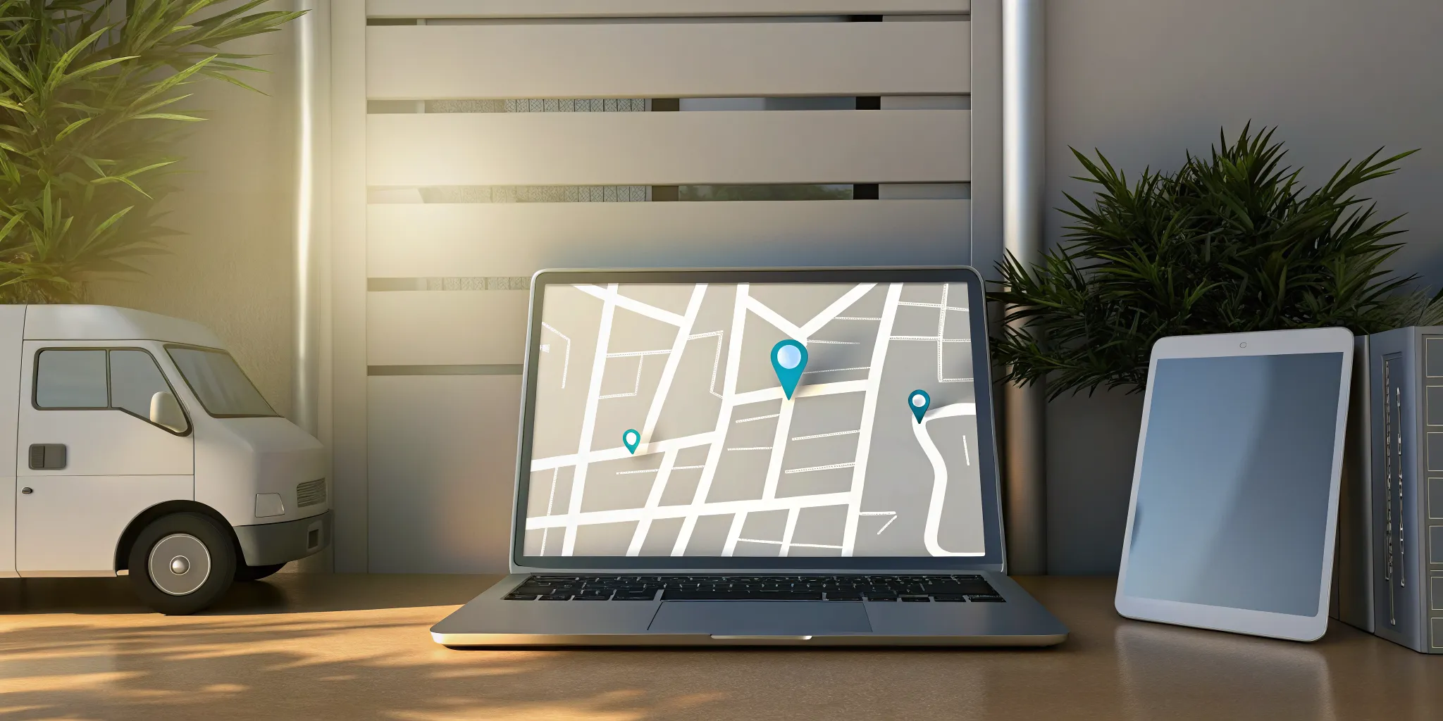 GPS fleet tracking dashboard on a laptop for a small business with delivery vans.