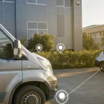 Commercial fleet vehicles with a GPS tracking map overlay