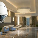 Modern hotel lobby with discreet ceiling-mounted security cameras