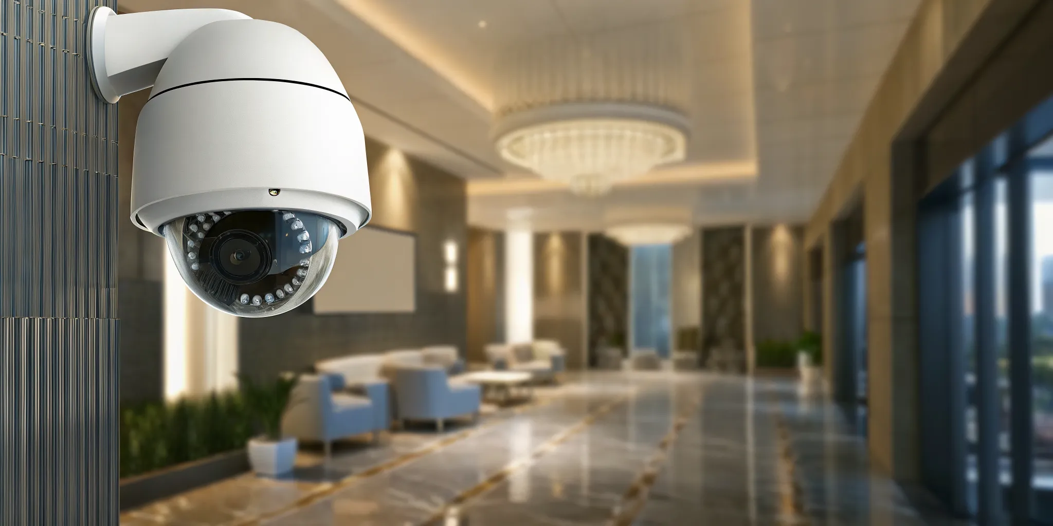 Modern hotel lobby with discreet ceiling-mounted security cameras