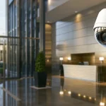 Modern hotel lobby with security surveillance cameras monitoring the entrance and reception area