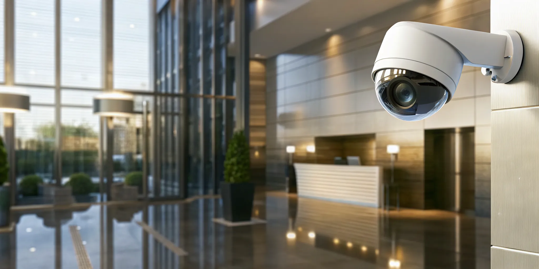 Modern hotel lobby with security surveillance cameras monitoring the entrance and reception area
