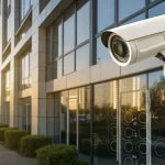 Virtual security guard monitoring station with live camera feeds and AI analytics overlays in a professional security operations center
