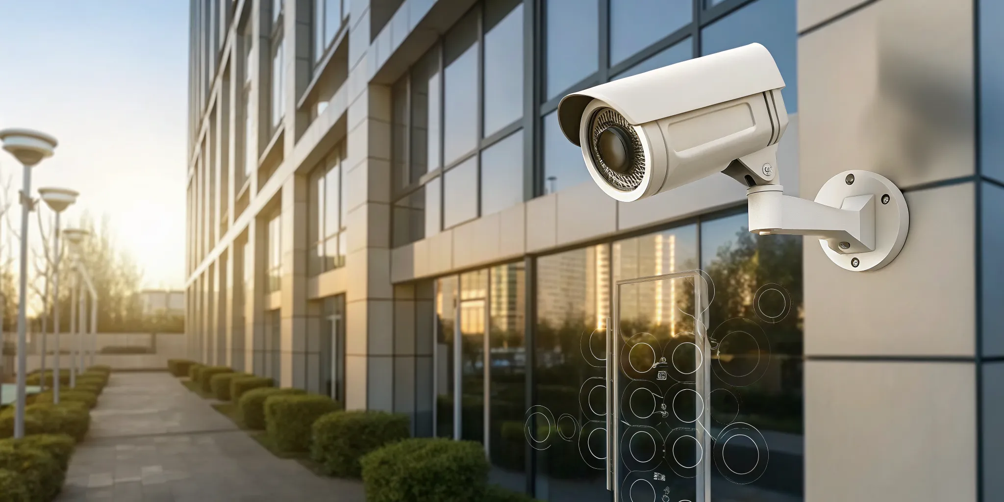 Virtual security guard monitoring station with live camera feeds and AI analytics overlays in a professional security operations center