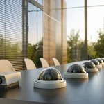 A commercial security cameras system with various components on an office desk.