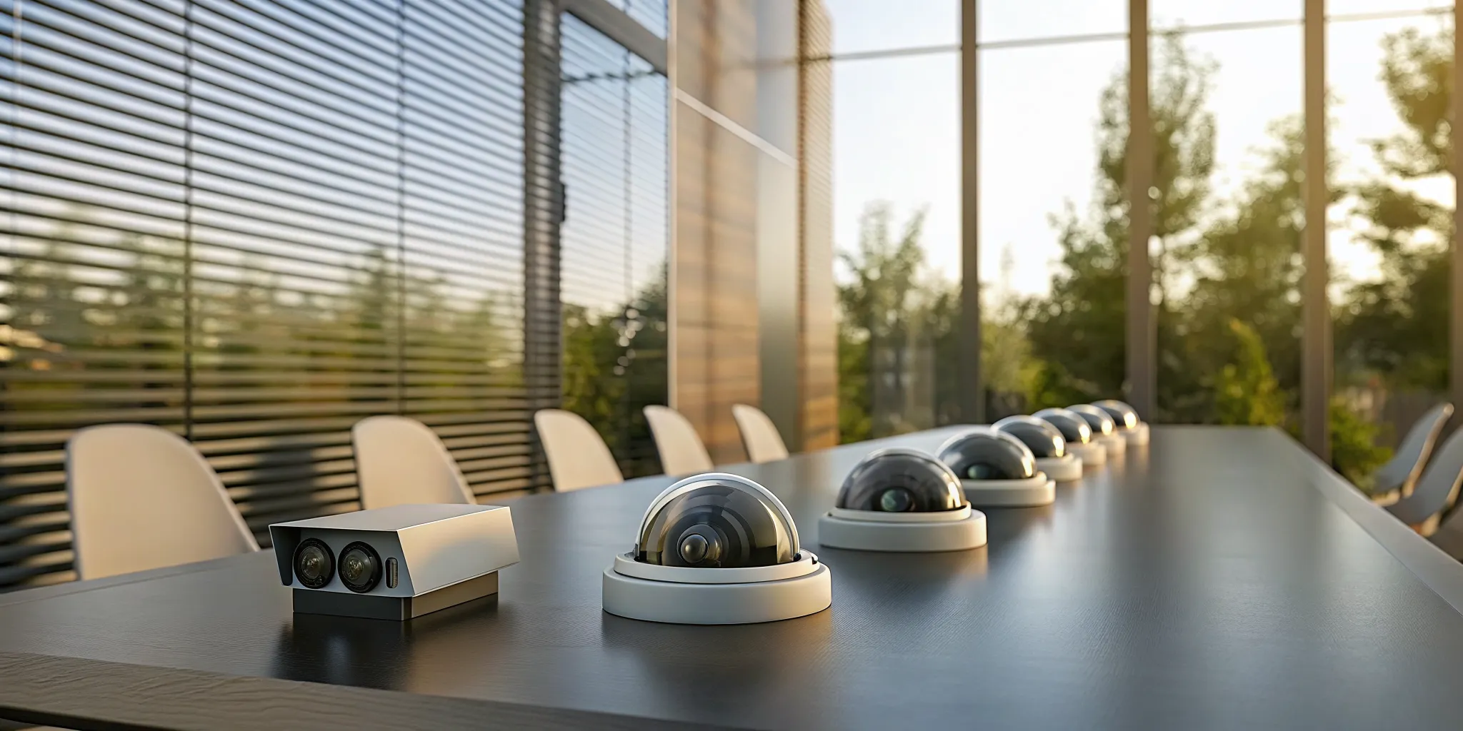 A commercial security cameras system with various components on an office desk.