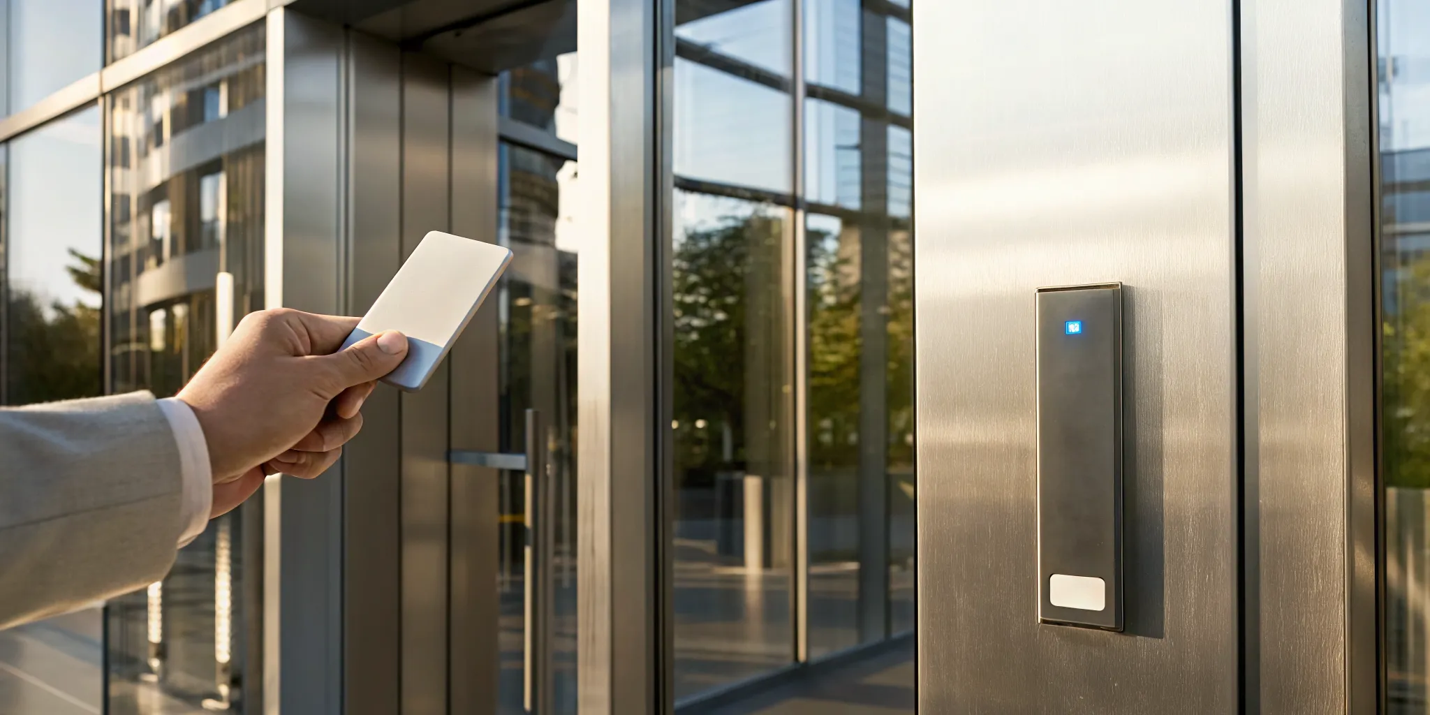 Employee using a key card on an office door access control system.