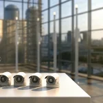 A system of commercial security cameras monitoring a modern office space.