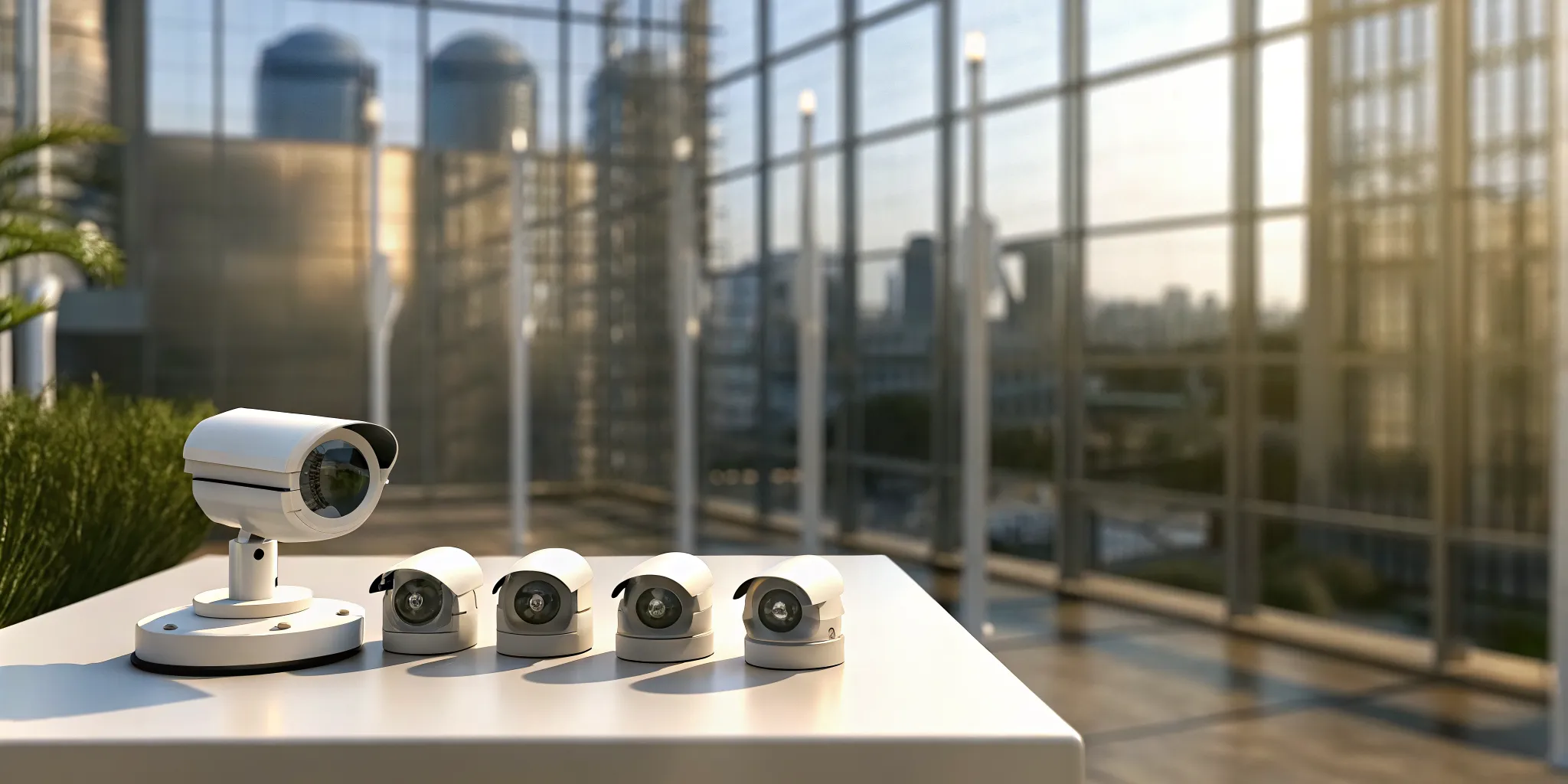 A system of commercial security cameras monitoring a modern office space.