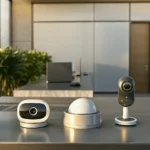 Various security system components, including cameras and sensors, laid out on a desk.