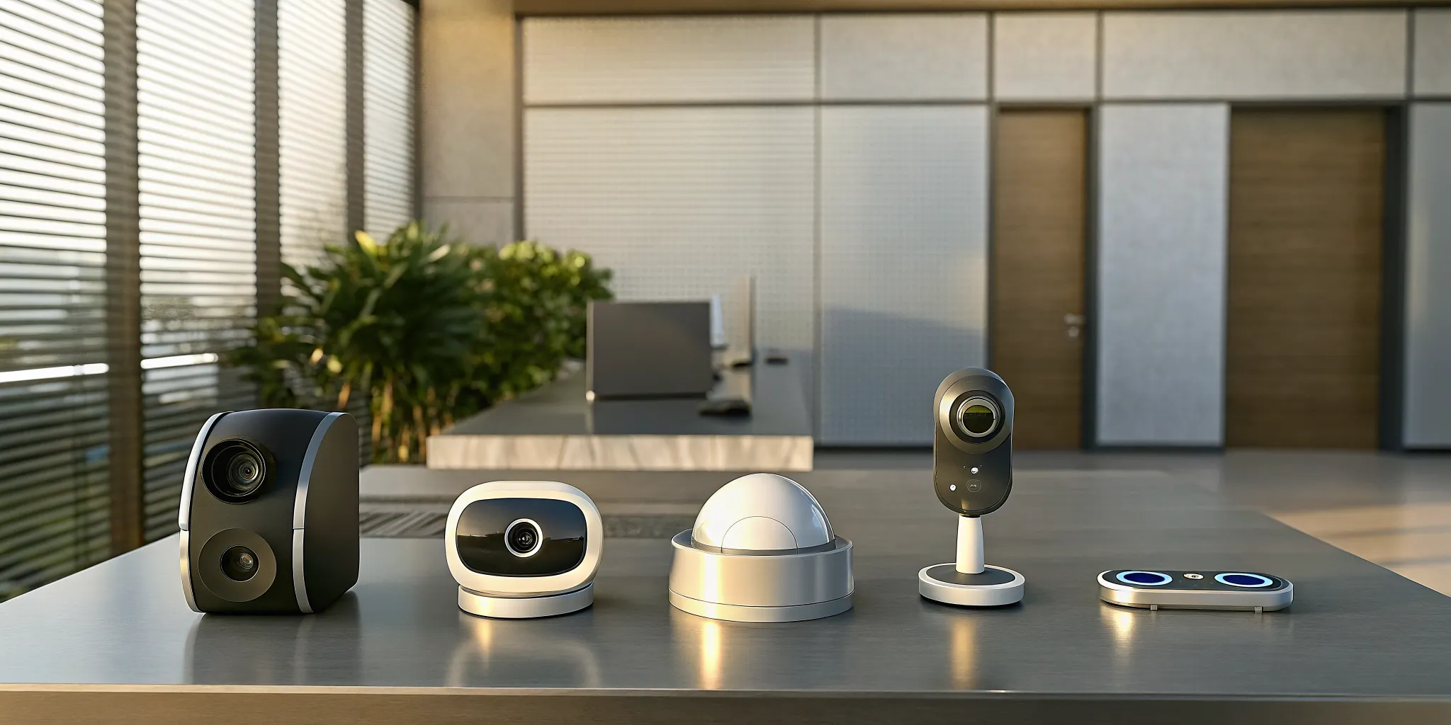 Various security system components, including cameras and sensors, laid out on a desk.