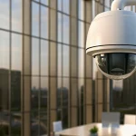 Commercial security cameras monitoring the interior of a modern office.