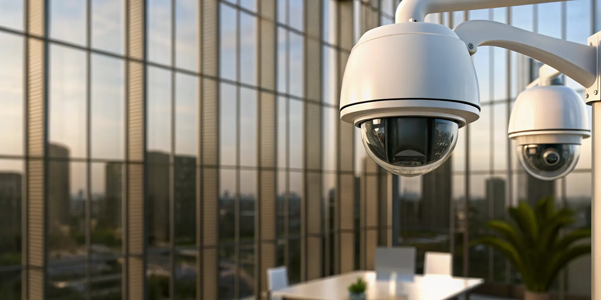 Commercial security cameras monitoring the interior of a modern office.