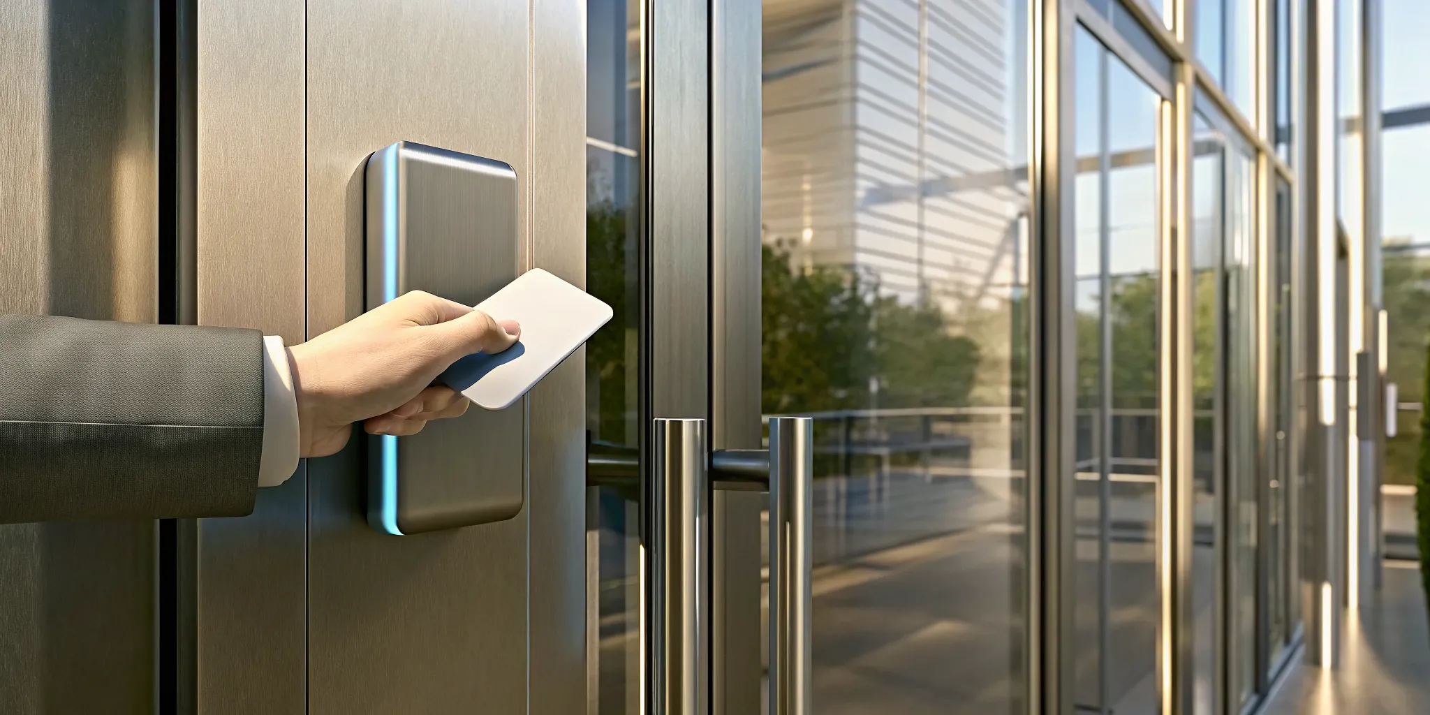 An ID card access control system grants entry to a secure office.