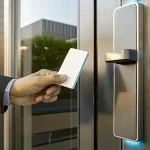 A key card unlocking a secure office door with an electronic lock system.